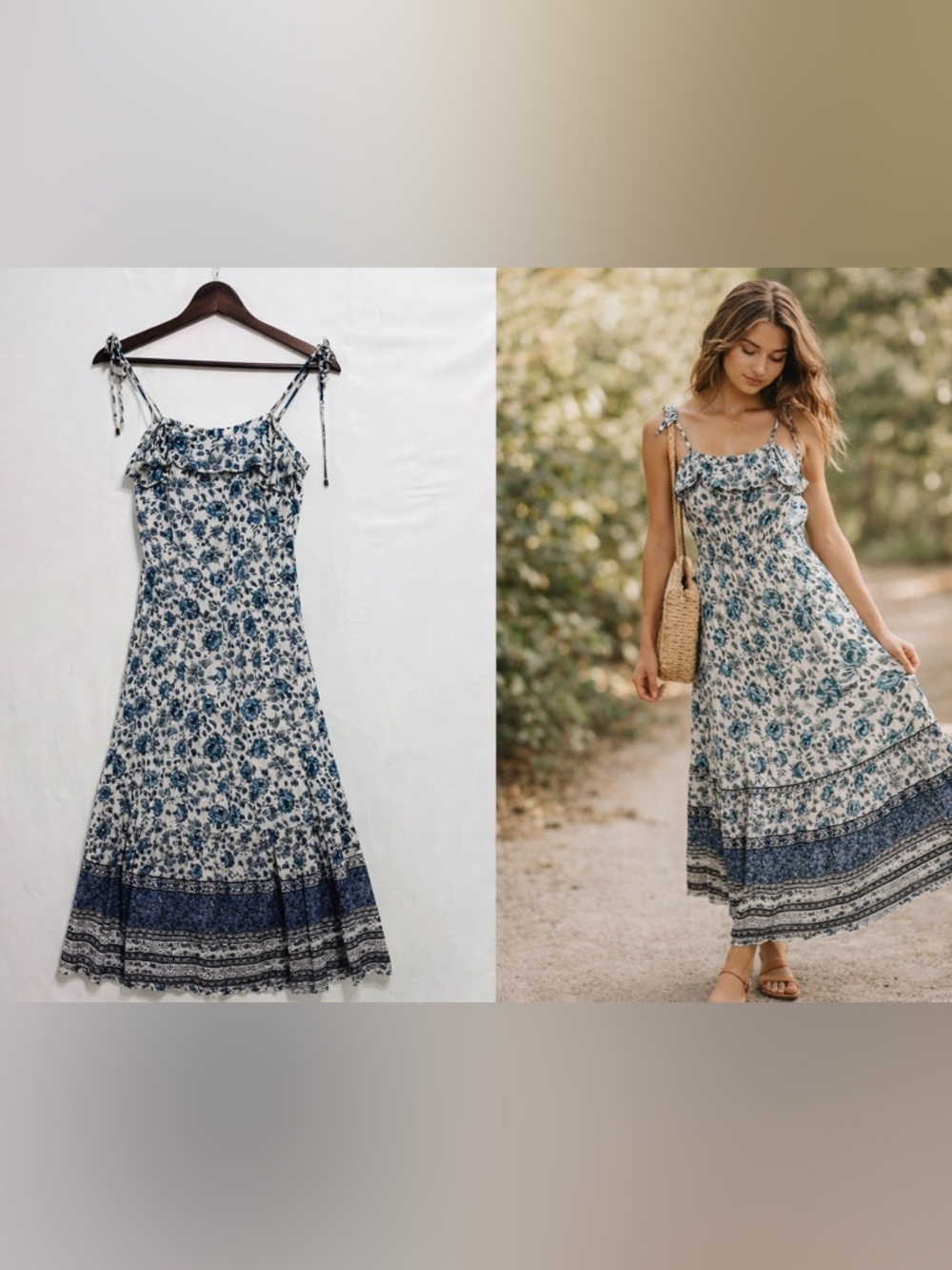 Good Hart Blue Floral Tie Strap Midi Dress Small Boho Cottagecore Lined Sundress